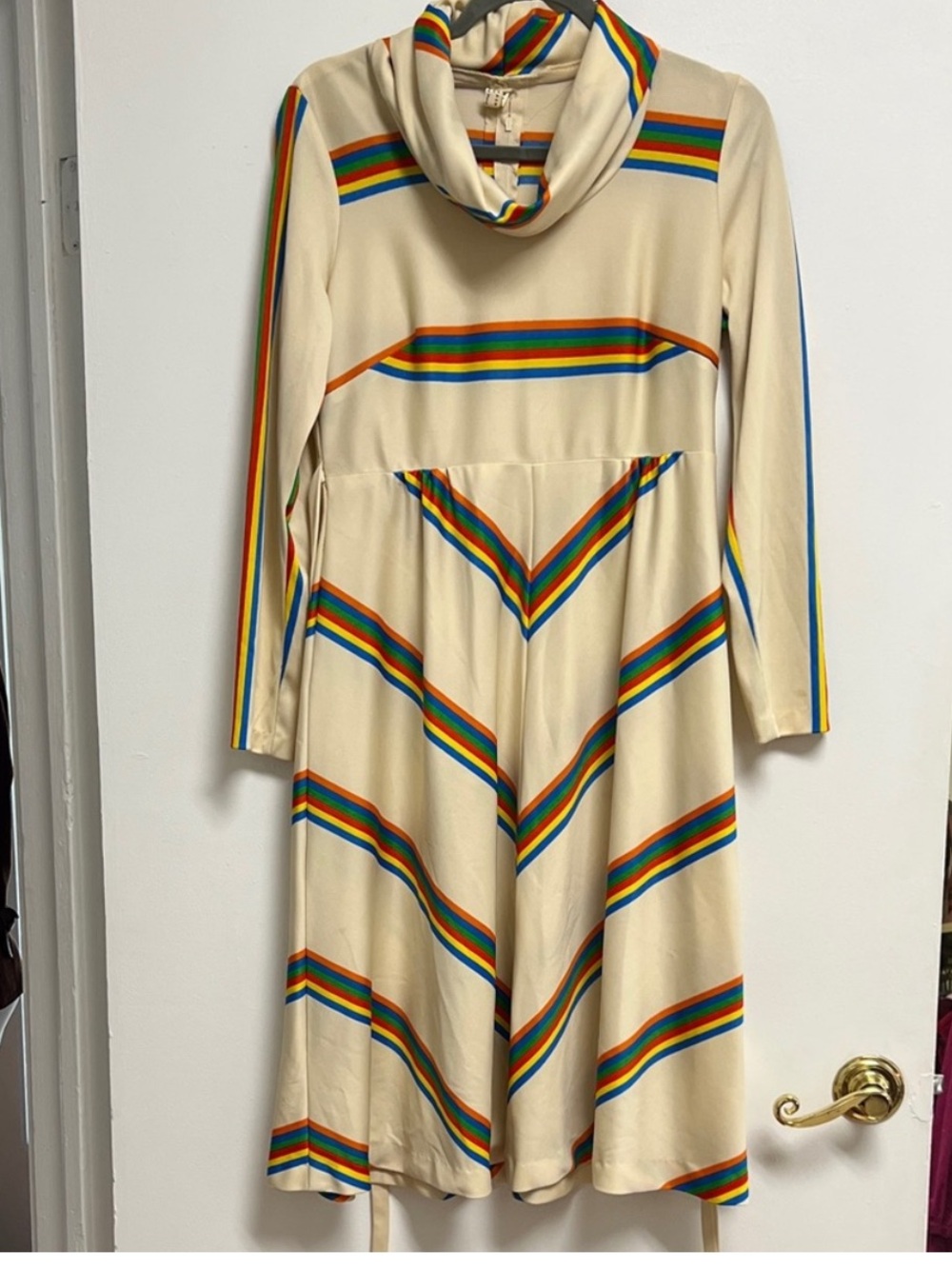 Vintage 70s Cream Rainbow Striped Cowl Neck Long Sleeve Dress Medium